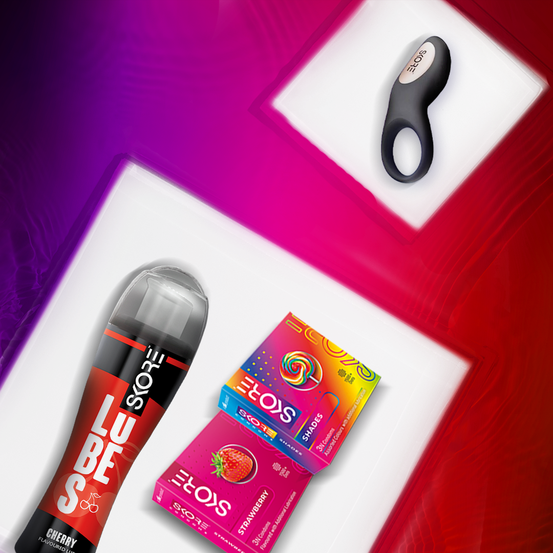 Skore Buzzz Vibrating Ring, Mini Adventure Condoms  & Cherry Lube